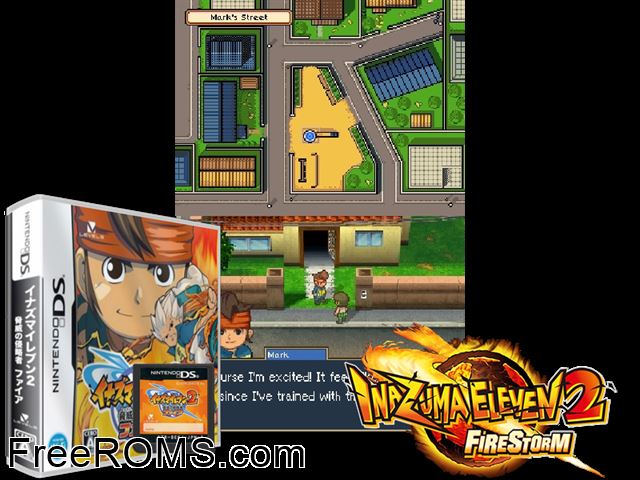 Inazuma Eleven 2 Tempesta Di Fuoco Italy NDS game showing 3D box cover and gameplay screenshot