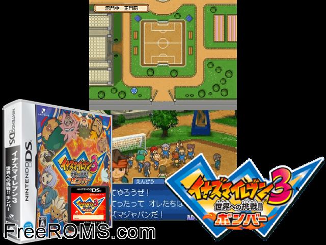 Inazuma Eleven 3 - Sekai e no Chousen!! Bomber Japan NDS game showing 3D box cover and gameplay screenshot
