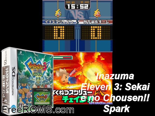 Inazuma Eleven 3 - Sekai e no Chousen!! Spark Japan NDS game showing 3D box cover and gameplay screenshot