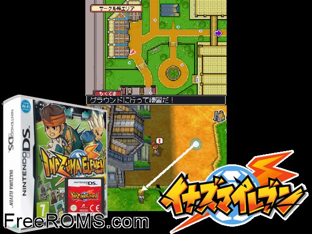 Inazuma Eleven Europe NDS game showing 3D box cover and gameplay screenshot