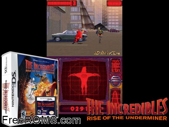 Incredibles - Rise of the Underminer, The NDS game showing 3D box cover and gameplay screenshot