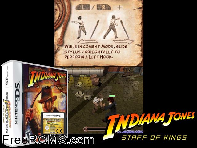 Indiana Jones and the Staff of Kings NDS game showing 3D box cover and gameplay screenshot