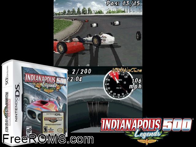 Indianapolis 500 - Legends NDS game showing 3D box cover and gameplay screenshot
