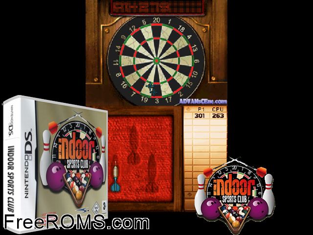 Indoor Sports Club Europe NDS game showing 3D box cover and gameplay screenshot
