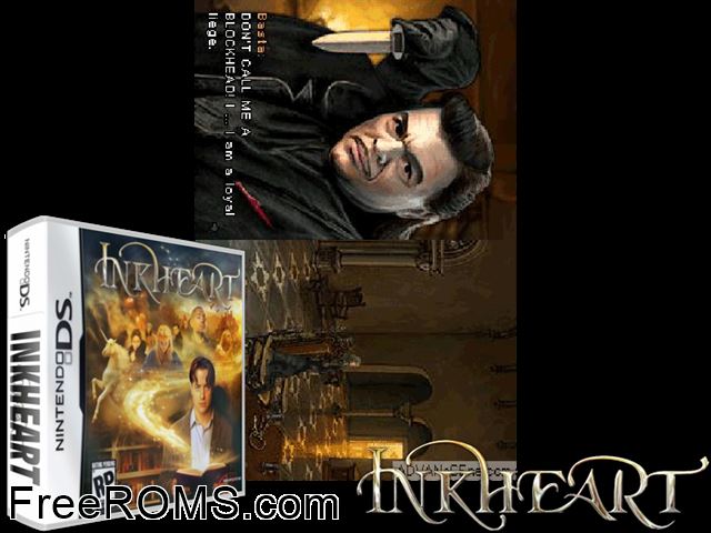 Inkheart NDS game showing 3D box cover and gameplay screenshot
