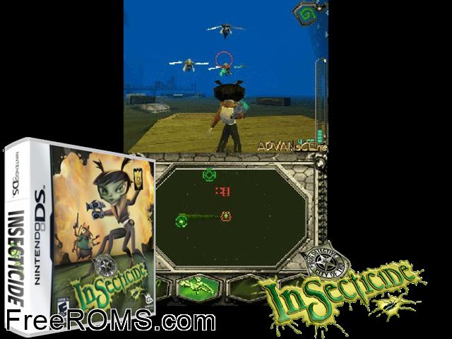 Insecticide NDS game showing 3D box cover and gameplay screenshot