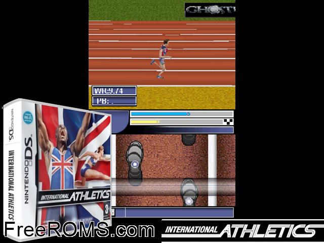 International Athletics Europe NDS game showing 3D box cover and gameplay screenshot