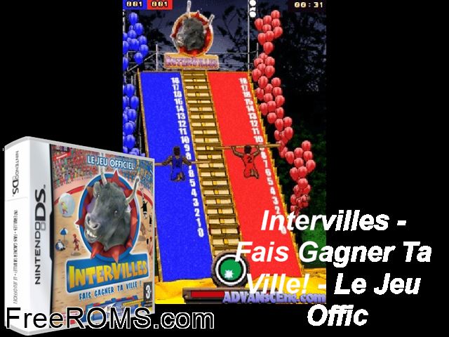 Intervilles - Fais Gagner Ta Ville! France NDS game showing 3D box cover and gameplay screenshot