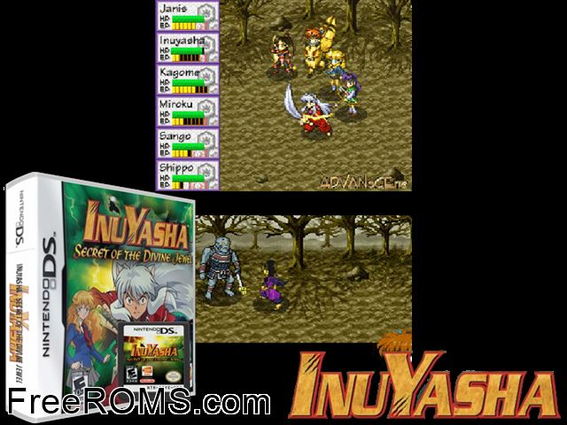 InuYasha - Secret of the Divine Jewel NDS game showing 3D box cover and gameplay screenshot