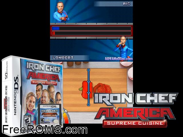 Iron Chef America - Supreme Cuisine NDS game showing 3D box cover and gameplay screenshot