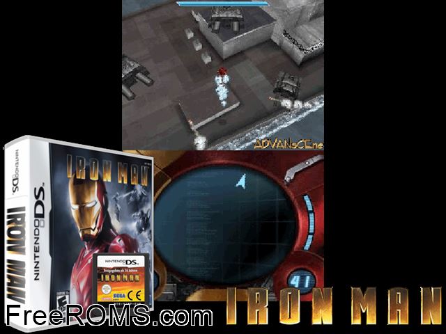 Iron Man Europe NDS game showing 3D box cover and gameplay screenshot