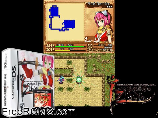 Izuna - Legend of the Unemployed Ninja NDS game showing 3D box cover and gameplay screenshot