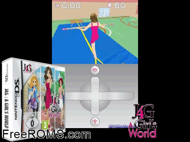 J4G - A Girls World Europe NDS game showing 3D box cover and gameplay screenshot