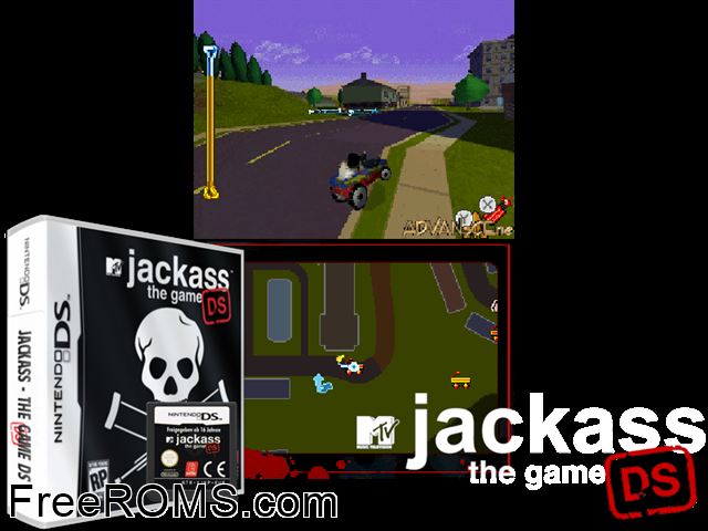 Jackass - The Game DS NDS game showing 3D box cover and gameplay screenshot