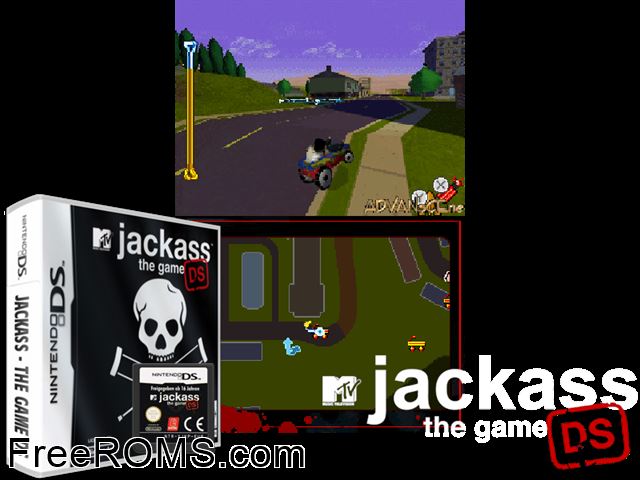 Jackass - The Game DS Europe NDS game showing 3D box cover and gameplay screenshot