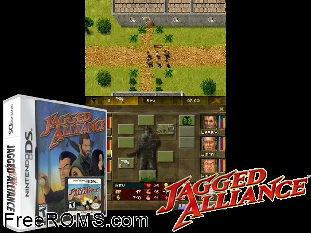 Jagged Alliance NDS game showing 3D box cover and gameplay screenshot