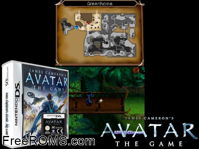 James Camerons Avatar - The Game NDS game showing 3D box cover and gameplay screenshot