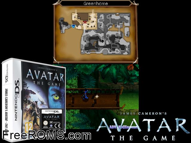 James Camerons Avatar - The Game Europe NDS game showing 3D box cover and gameplay screenshot