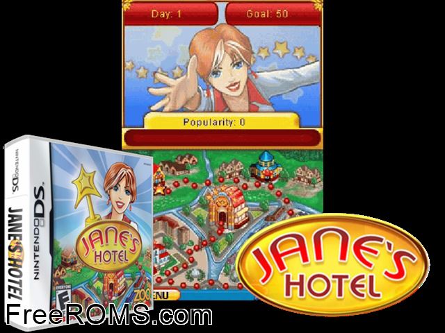 Janes Hotel - Fuehre Dein Hotel Zum Erfolg! Germany NDS game showing 3D box cover and gameplay screenshot