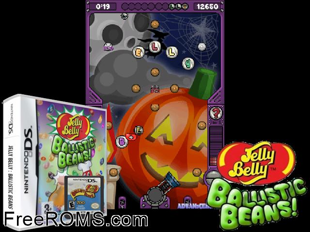 Jelly Belly - Ballistic Beans Europe NDS game showing 3D box cover and gameplay screenshot
