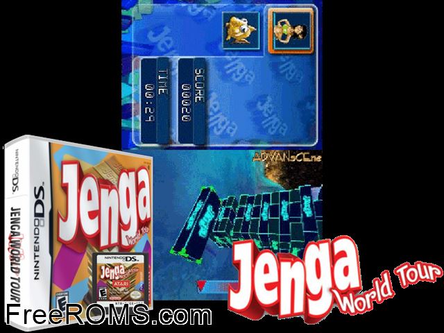Jenga - World Tour NDS game showing 3D box cover and gameplay screenshot