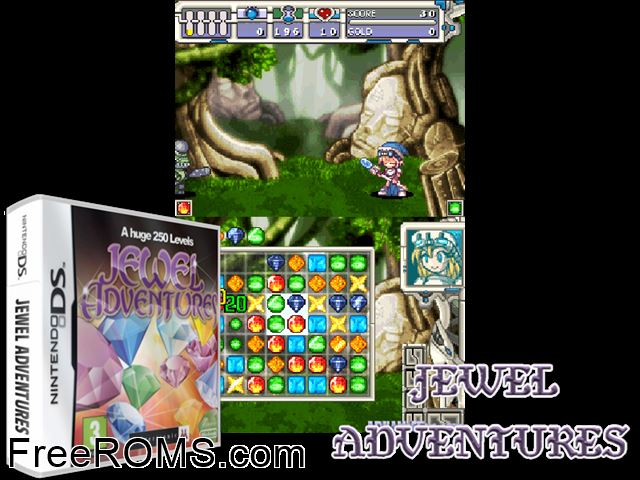 Jewel Adventures Europe NDS game showing 3D box cover and gameplay screenshot