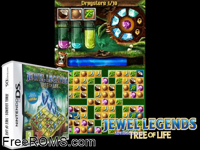 Jewel Legends - Tree of Life Europe NDS game showing 3D box cover and gameplay screenshot
