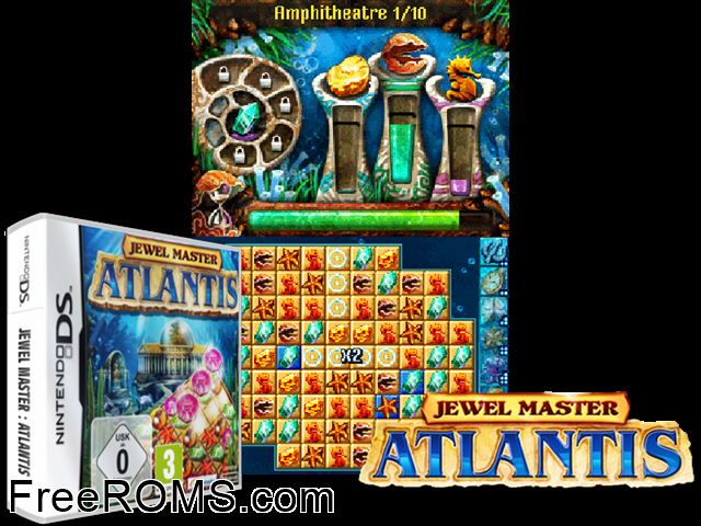 Jewel Link - Legends of Atlantis Europe NDS game showing 3D box cover and gameplay screenshot