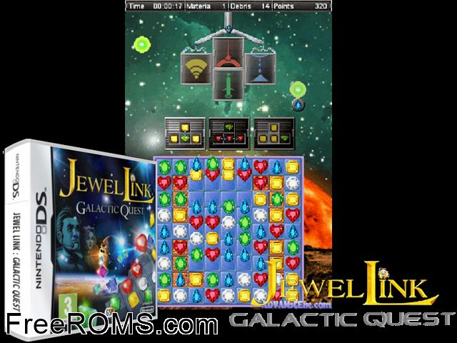 Jewel Link Galactic Quest Europe NDS game showing 3D box cover and gameplay screenshot