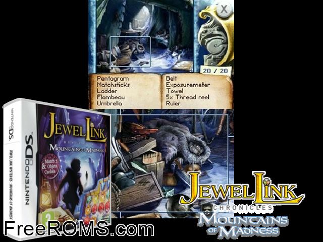 Jewel Link Mysteries - Mountains of Madness Europe NDS game showing 3D box cover and gameplay screenshot