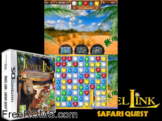 Jewel Link Safari Quest Europe NDS game showing 3D box cover and gameplay screenshot