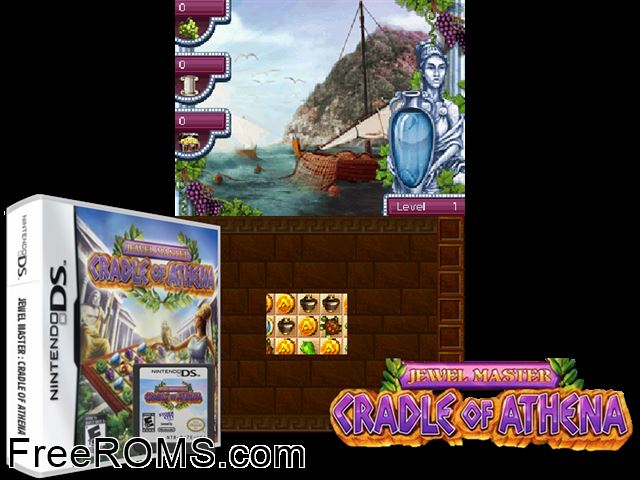Jewel Master - Cradle of Athena NDS game showing 3D box cover and gameplay screenshot