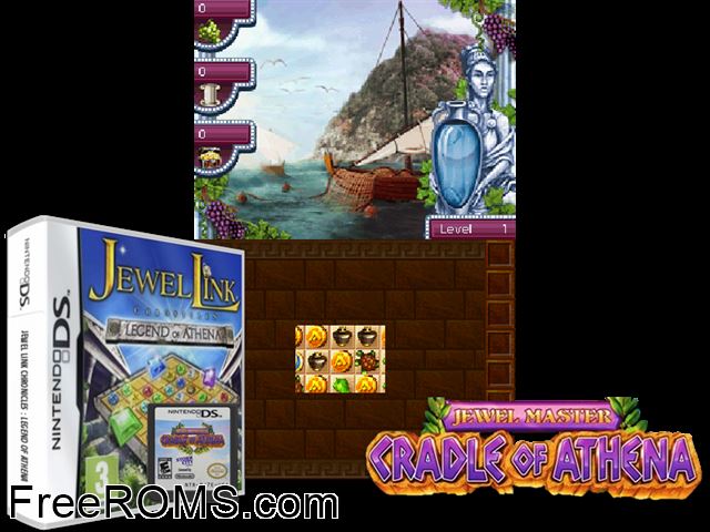 Jewel Master - Cradle of Athena Europe NDS game showing 3D box cover and gameplay screenshot