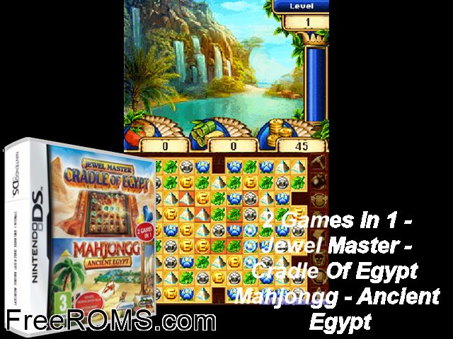 Jewel Master - Cradle of Egypt - Mahjongg - Ancient Egypt (2 Games in 1) Europe NDS game showing 3D box cover and gameplay screenshot