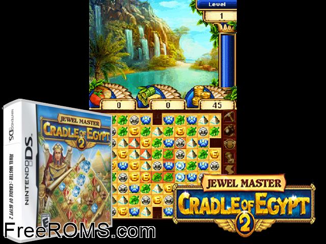 Jewel Master - Cradle of Egypt 2 Europe NDS game showing 3D box cover and gameplay screenshot