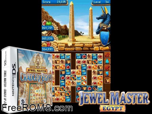 Jewel Master - Cradle of Egypt Europe NDS game showing 3D box cover and gameplay screenshot