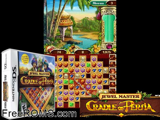 Jewel Master - Cradle of Persia Europe NDS game showing 3D box cover and gameplay screenshot