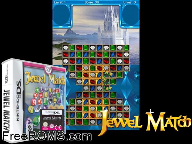 Jewel Match NDS game showing 3D box cover and gameplay screenshot