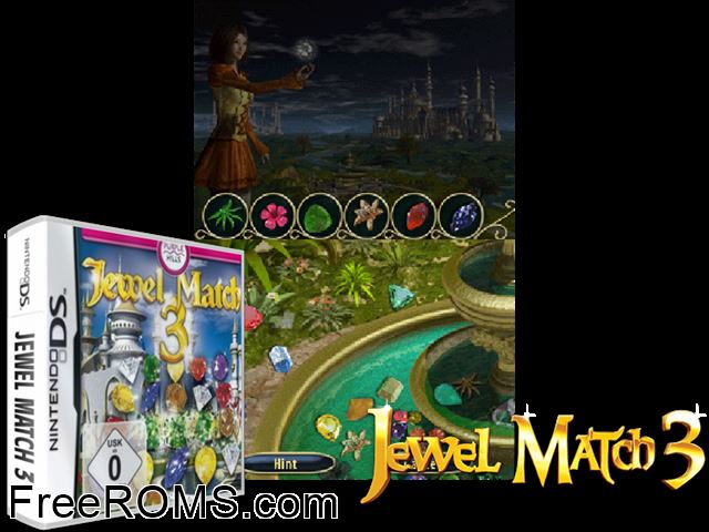 Jewel Match 3 Europe NDS game showing 3D box cover and gameplay screenshot