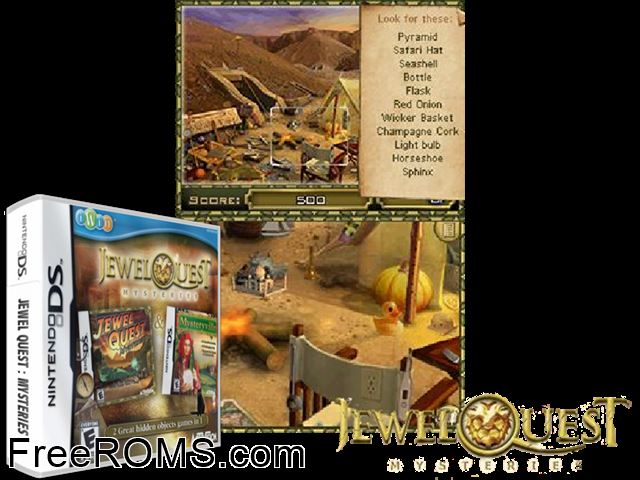 Jewel Quest - Mysteries NDS game showing 3D box cover and gameplay screenshot