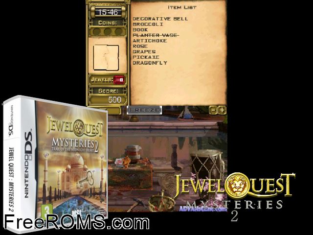 Jewel Quest Mysteries 2 - Trail of the Midnight Heart Europe NDS game showing 3D box cover and gameplay screenshot