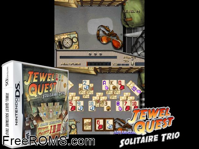 Jewel Quest Solitaire Trio NDS game showing 3D box cover and gameplay screenshot