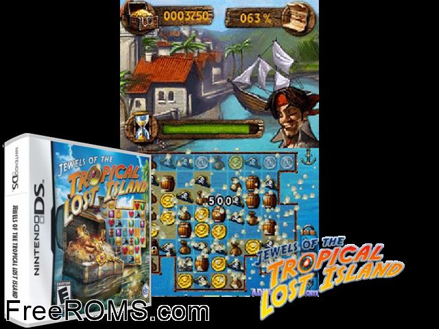 Jewels of the Tropical Lost Island Europe NDS game showing 3D box cover and gameplay screenshot