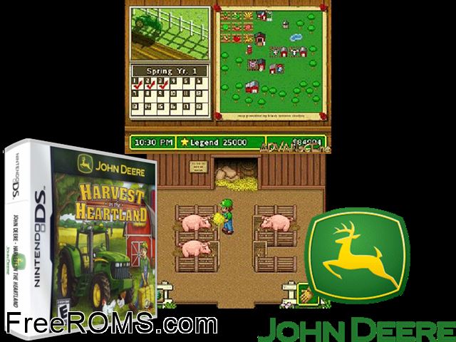 John Deere - Harvest in the Heartland NDS game showing 3D box cover and gameplay screenshot