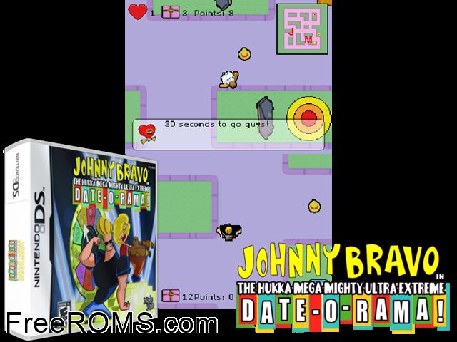 Johnny Bravo in the Hukka-Mega-Mighty-Ultra-Extreme Date-O-Rama! Europe NDS game showing 3D box cover and gameplay screenshot