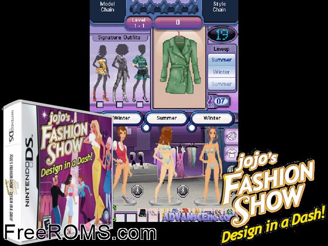 Jojos Fashion Show - Design in a Dash! NDS game showing 3D box cover and gameplay screenshot