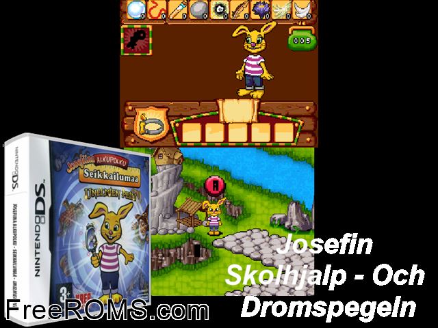 Josefin Skolhjalp och Dromspegeln NDS game showing 3D box cover and gameplay screenshot