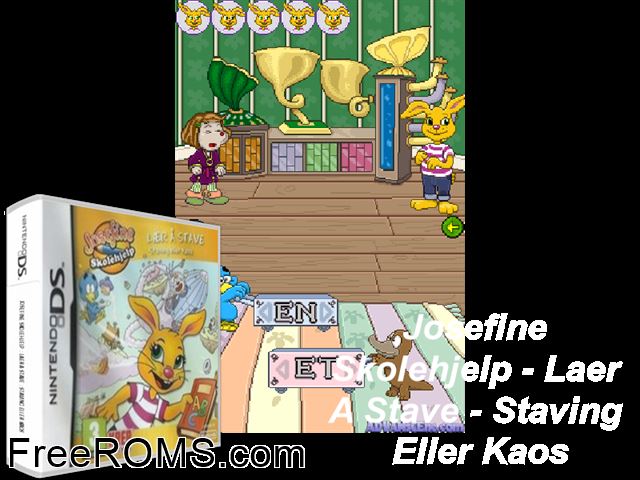 Josefine Skolehjelp - Laer a Stave - Staving eller Kaos Europe NDS game showing 3D box cover and gameplay screenshot