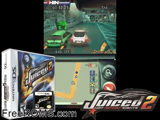 Juiced 2 - Hot Import Nights Europe NDS game showing 3D box cover and gameplay screenshot