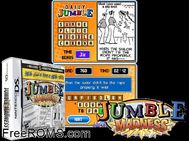 Jumble Madness NDS game showing 3D box cover and gameplay screenshot